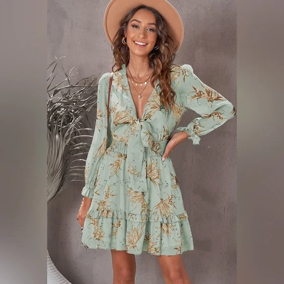 Floral Deep V Flounce Sleeve Mini Dress - Picture 8 of 11